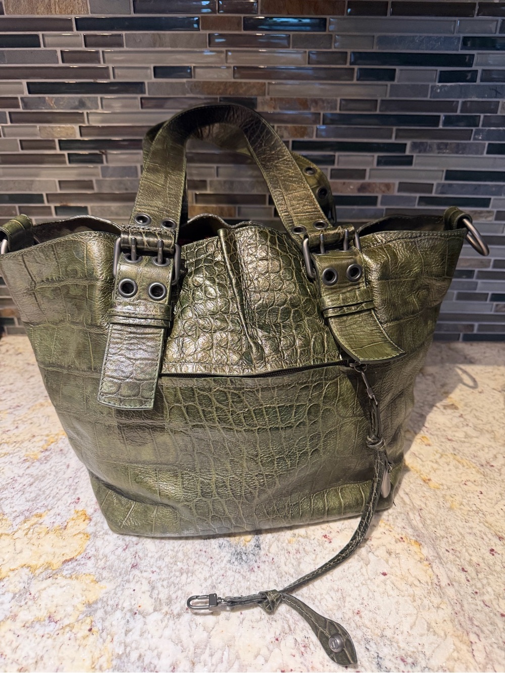 Francesco Biasia Olive Green Croc-Embossed Leather Tote Bag